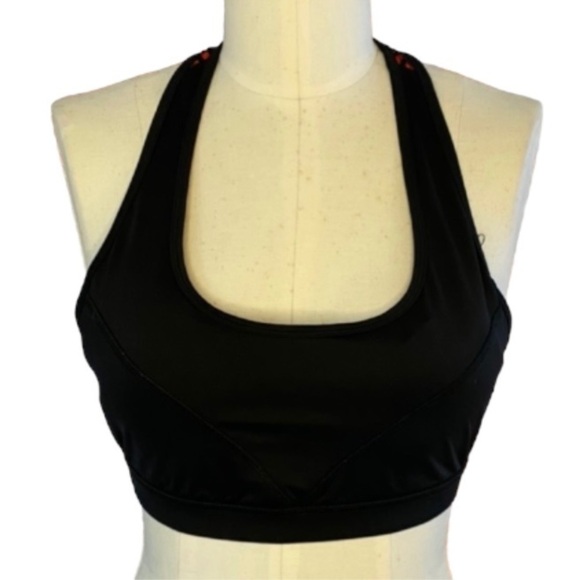 Forever21 Black Racerback Sports Bra Padded Red Lattice Back Large - Picture 1 of 6